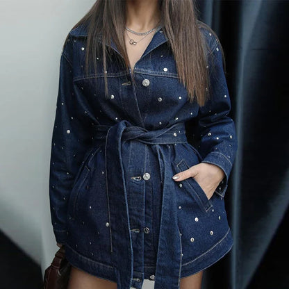 Denim Jacket Belted Trousers Office Two Piece Set