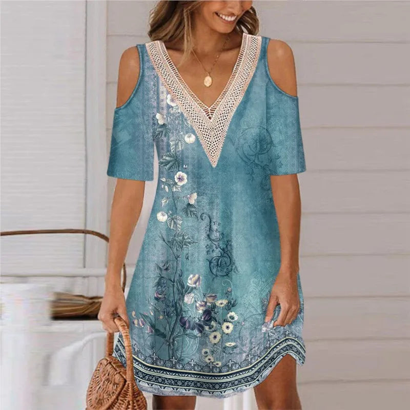 Sexy Off Shoulder Lace Splicing Party Floral A-line Dress