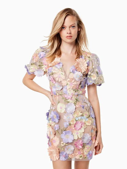 Embroidered Flower Print Puff Sleeve Party Dress
