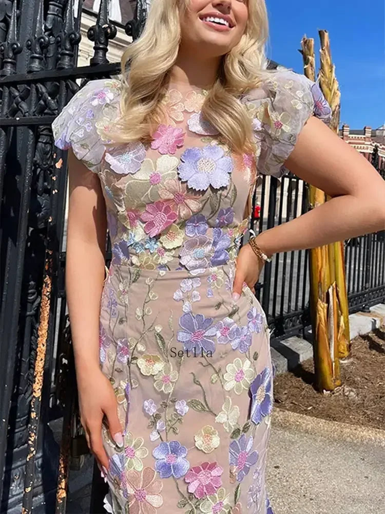 Embroidered Flower Print Puff Sleeve Party Dress