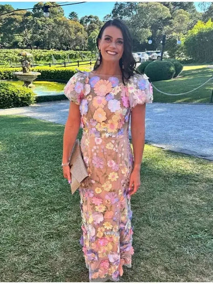 Embroidered Flower Print Puff Sleeve Party Dress