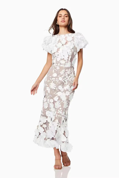 Embroidered Flower Print Puff Sleeve Party Dress