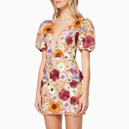 Embroidered Flower Print Puff Sleeve Party Dress