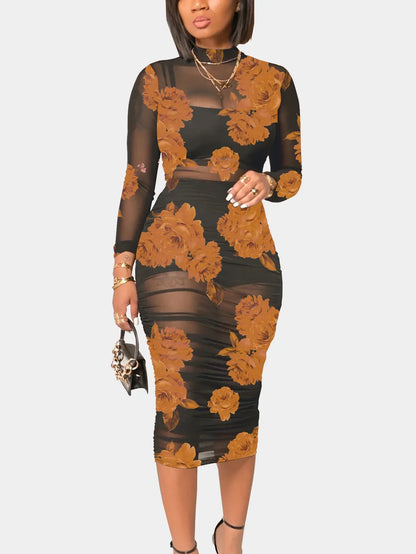 Fashion Floral Mesh Mid Length Sexy Party Dress