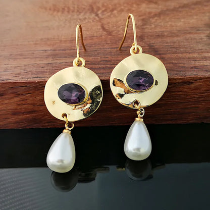 Women's Purple Crystal Drop Pendant Earrings – Vintage Gold Geometric Jewelry