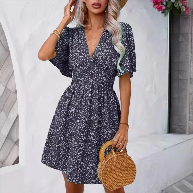 High Waisted V-neck Pleated Floral Dress