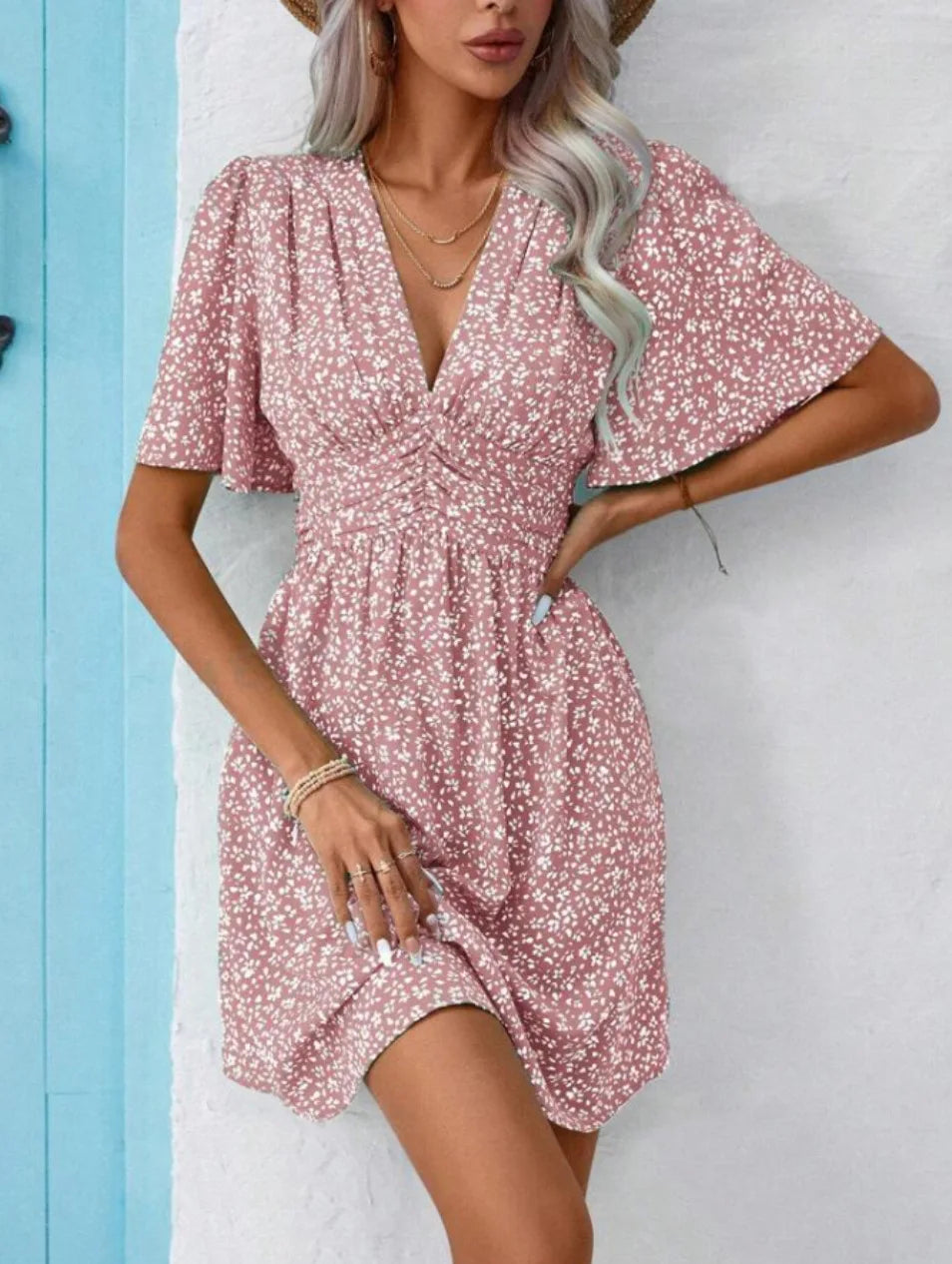 High Waisted V-neck Pleated Floral Dress
