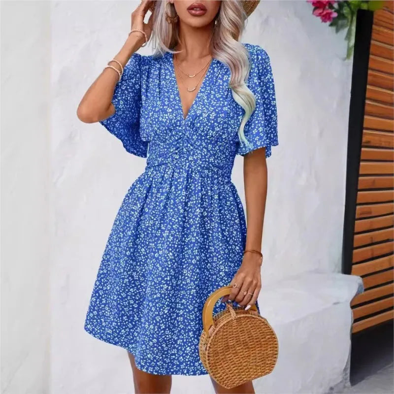 High Waisted V-neck Pleated Floral Dress