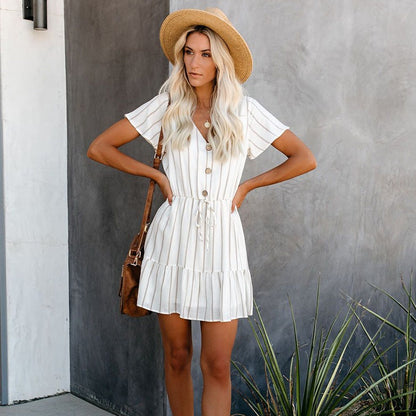 V-Neck Vertical Stripe Print Flutter Sleeve Button Front Drawstring Tiered Mini Dress