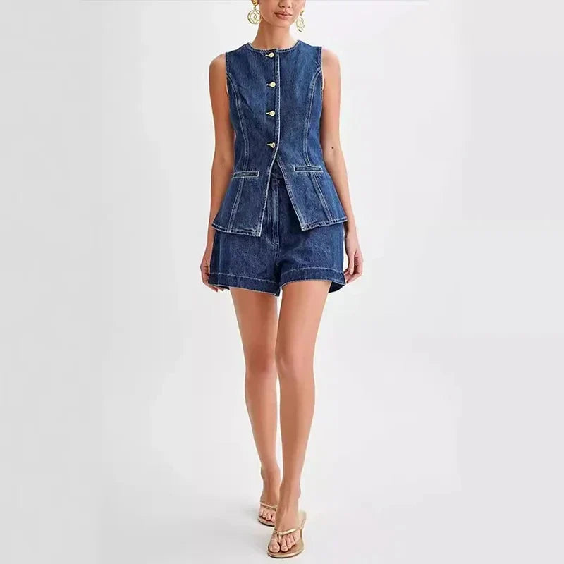 Denim O-neck Sleeveless Shorts Office Two Piece Set