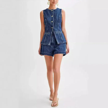 Denim O-neck Sleeveless Shorts Office Two Piece Set