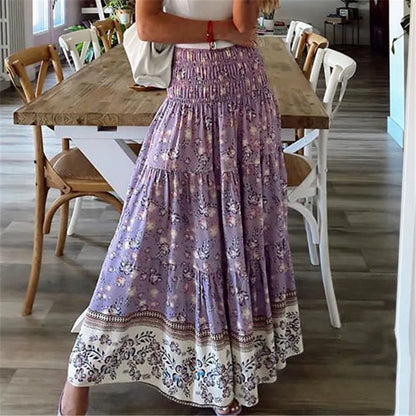 Casual Floral Elastic Waist Boho Style Skirt
