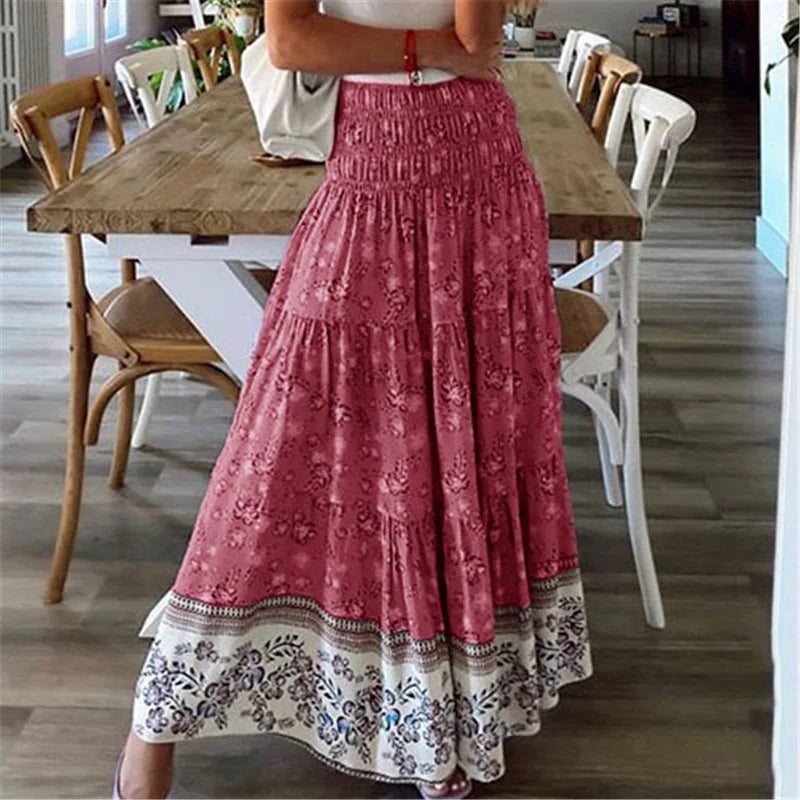 Casual Floral Elastic Waist Boho Style Skirt