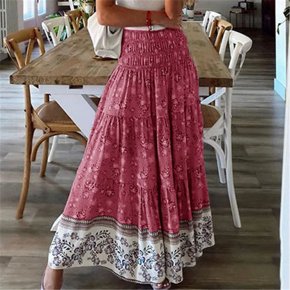 Casual Floral Elastic Waist Boho Style Skirt