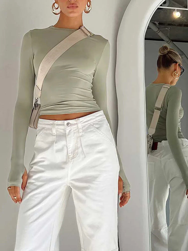 Fashion Crew Neck Slim Fit Long Sleeve Knit Top with Thumb Holes