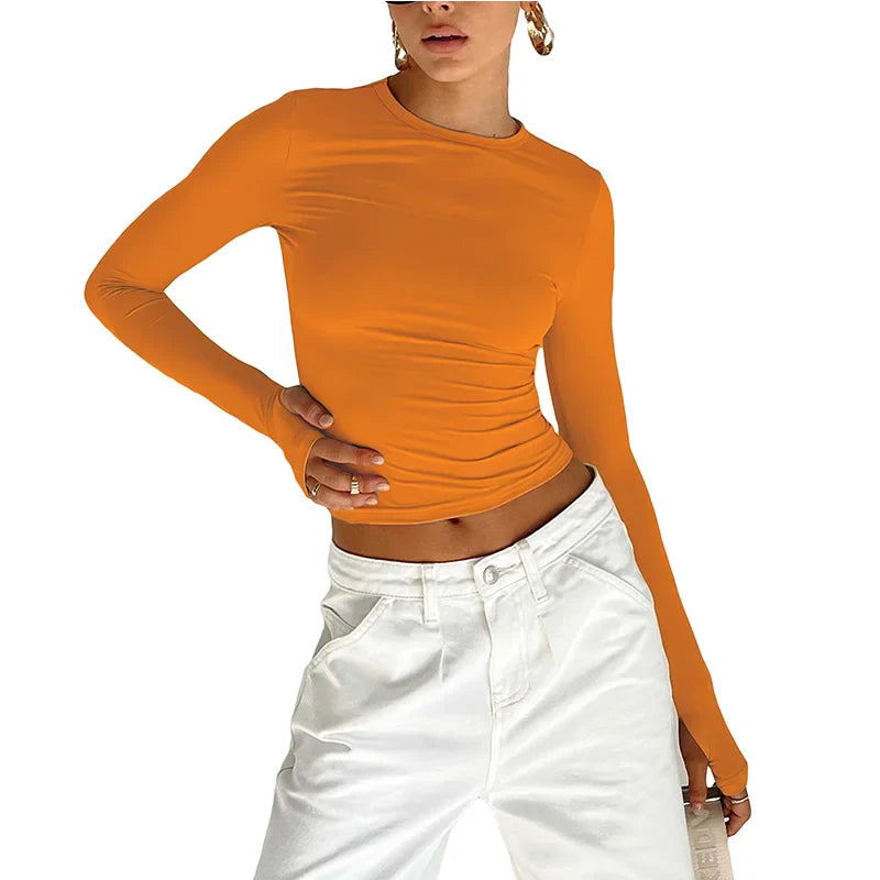 Fashion Crew Neck Slim Fit Long Sleeve Knit Top with Thumb Holes