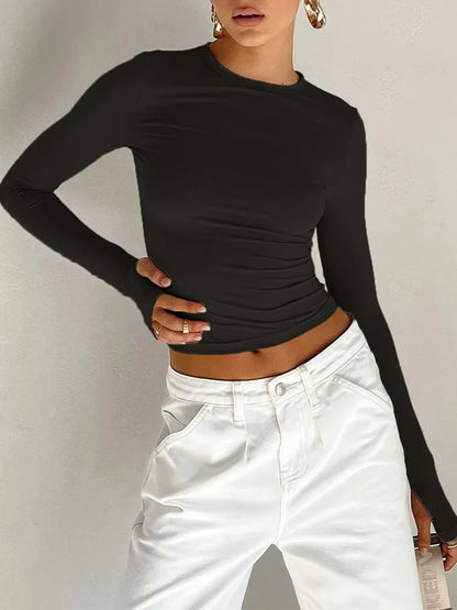Fashion Crew Neck Slim Fit Long Sleeve Knit Top with Thumb Holes