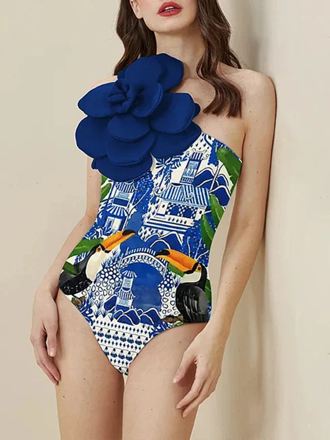 Blue Floral Decoration One Piece Swimsuit