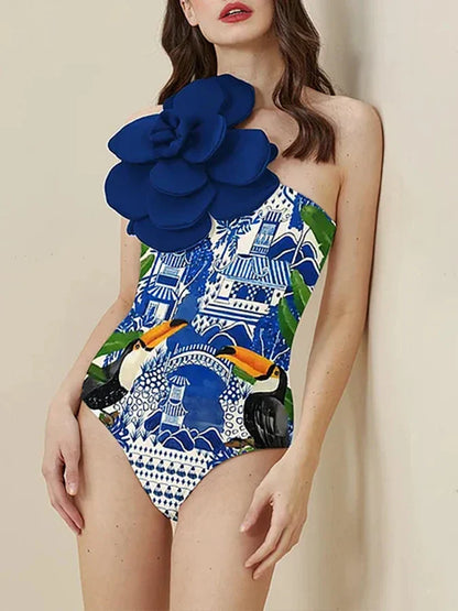 Blue Floral Decoration One Piece Swimsuit