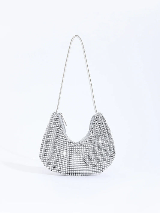 Shiny Rhinestone Zippered Solid Evening Clutch Bag