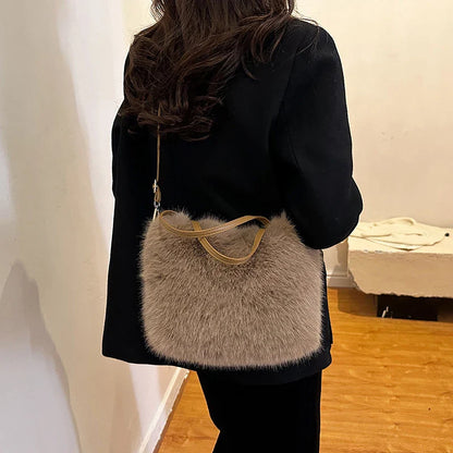 Faux Fur Plush Bucket Tote Winter Crossbody Shoulder Handbag