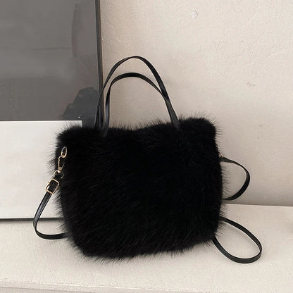 Faux Fur Plush Bucket Tote Winter Crossbody Shoulder Handbag