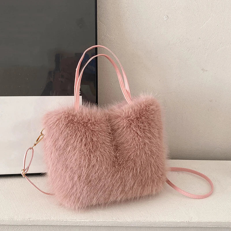 Faux Fur Plush Bucket Tote Winter Crossbody Shoulder Handbag