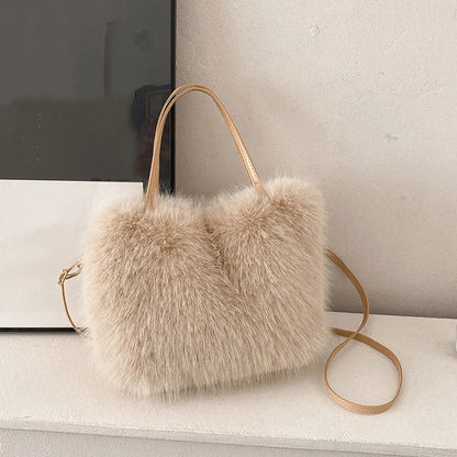 Faux Fur Plush Bucket Tote Winter Crossbody Shoulder Handbag