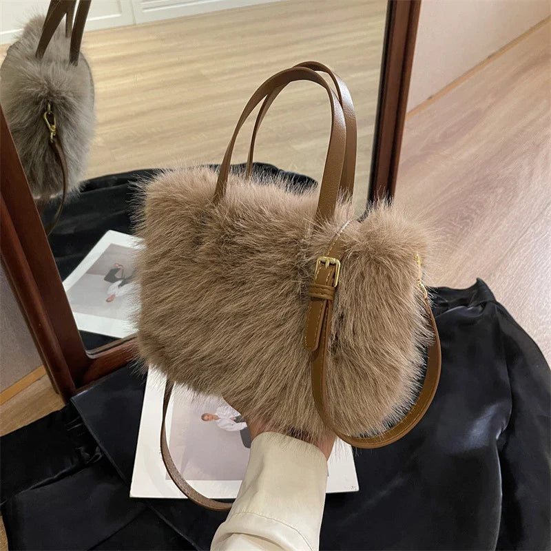 Faux Fur Plush Bucket Tote Winter Crossbody Shoulder Handbag