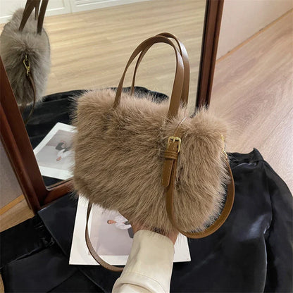 Faux Fur Plush Bucket Tote Winter Crossbody Shoulder Handbag