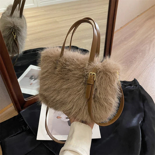 Faux Fur Plush Bucket Tote Winter Crossbody Shoulder Handbag