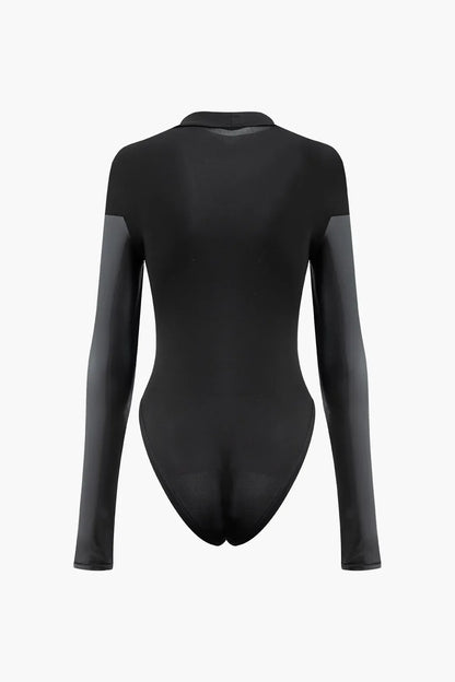 Felixa Black Faux Leather Paneled Long Sleeve Bodysuit