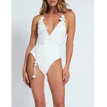 Retro White Solid Swimwear One Piece