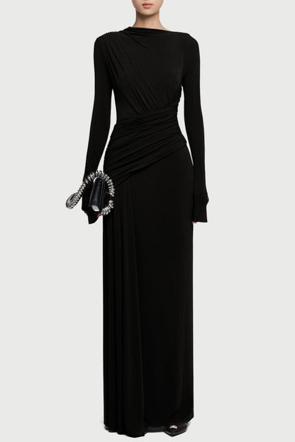 Fiada Draped Long Sleeve Maxi Dress - Black