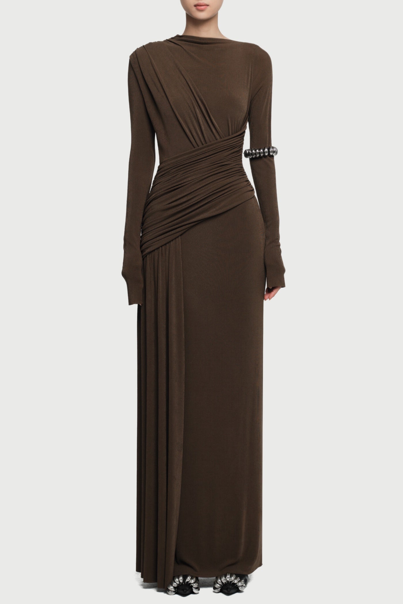 Fiada Draped Long Sleeve Maxi Dress - Brown