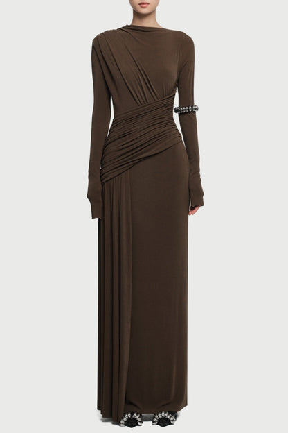 Fiada Draped Long Sleeve Maxi Dress - Brown