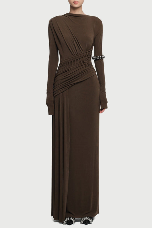 Fiada Draped Long Sleeve Maxi Dress - Brown