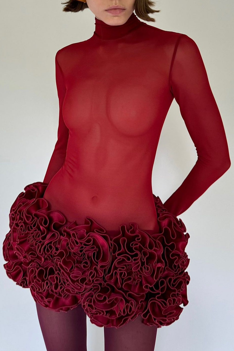 Fionna Floral Mesh Long Sleeve Mini Dress - Red