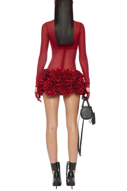 Fionna Floral Mesh Long Sleeve Mini Dress - Red