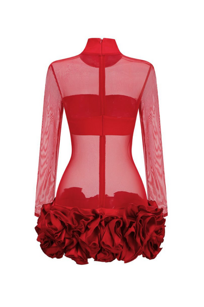 Fionna Floral Mesh Long Sleeve Mini Dress - Red