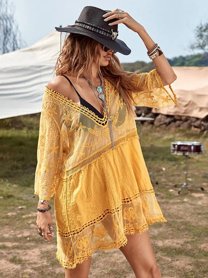 Fitshinling V-neck Sheer Lace Boho Cover-up