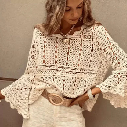 Flare Sleeve Crochet Knitted Loose Cotton Boho Blouse