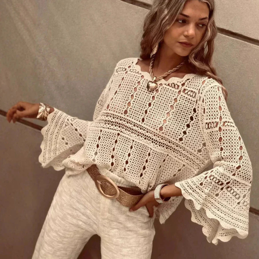 Flare Sleeve Crochet Knitted Loose Cotton Boho Blouse