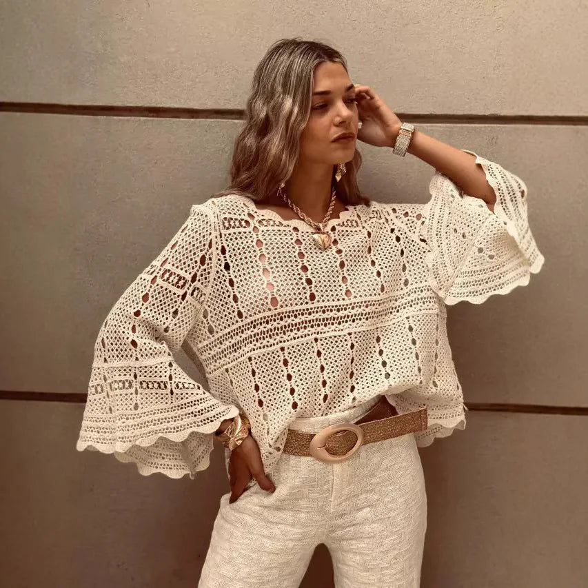 Flare Sleeve Crochet Knitted Loose Cotton Boho Blouse