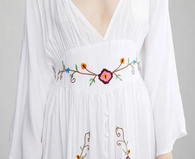 Flare Long Sleeve Deep V-neck Cotton Dress