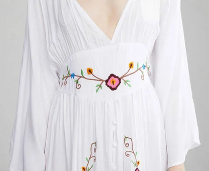 Flare Long Sleeve Deep V-neck Cotton Dress