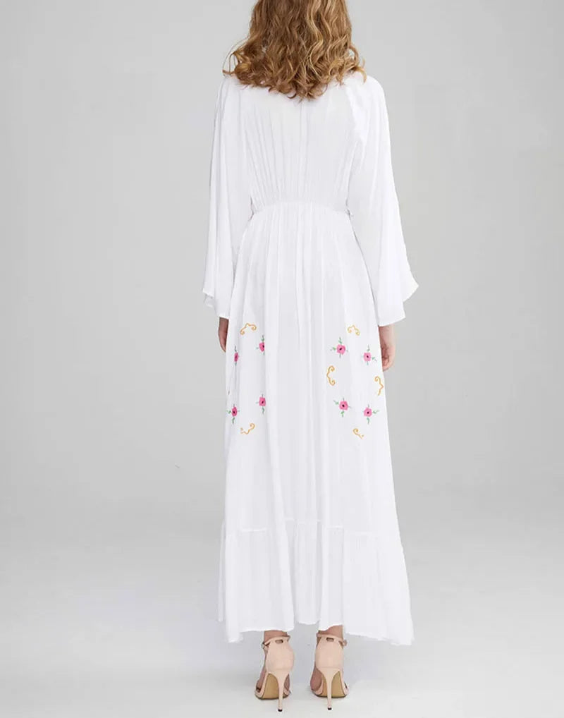 Flare Long Sleeve Deep V-neck Cotton Dress