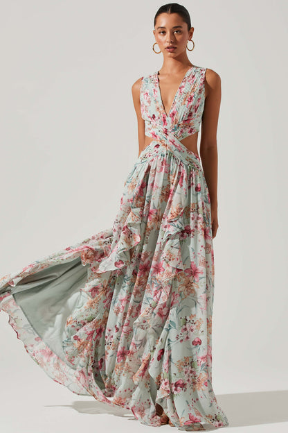Floral V-Neck Pleated Cut-Out Ruffle Hem Maxi Dress