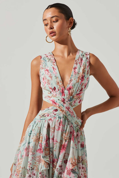 Floral V-Neck Pleated Cut-Out Ruffle Hem Maxi Dress