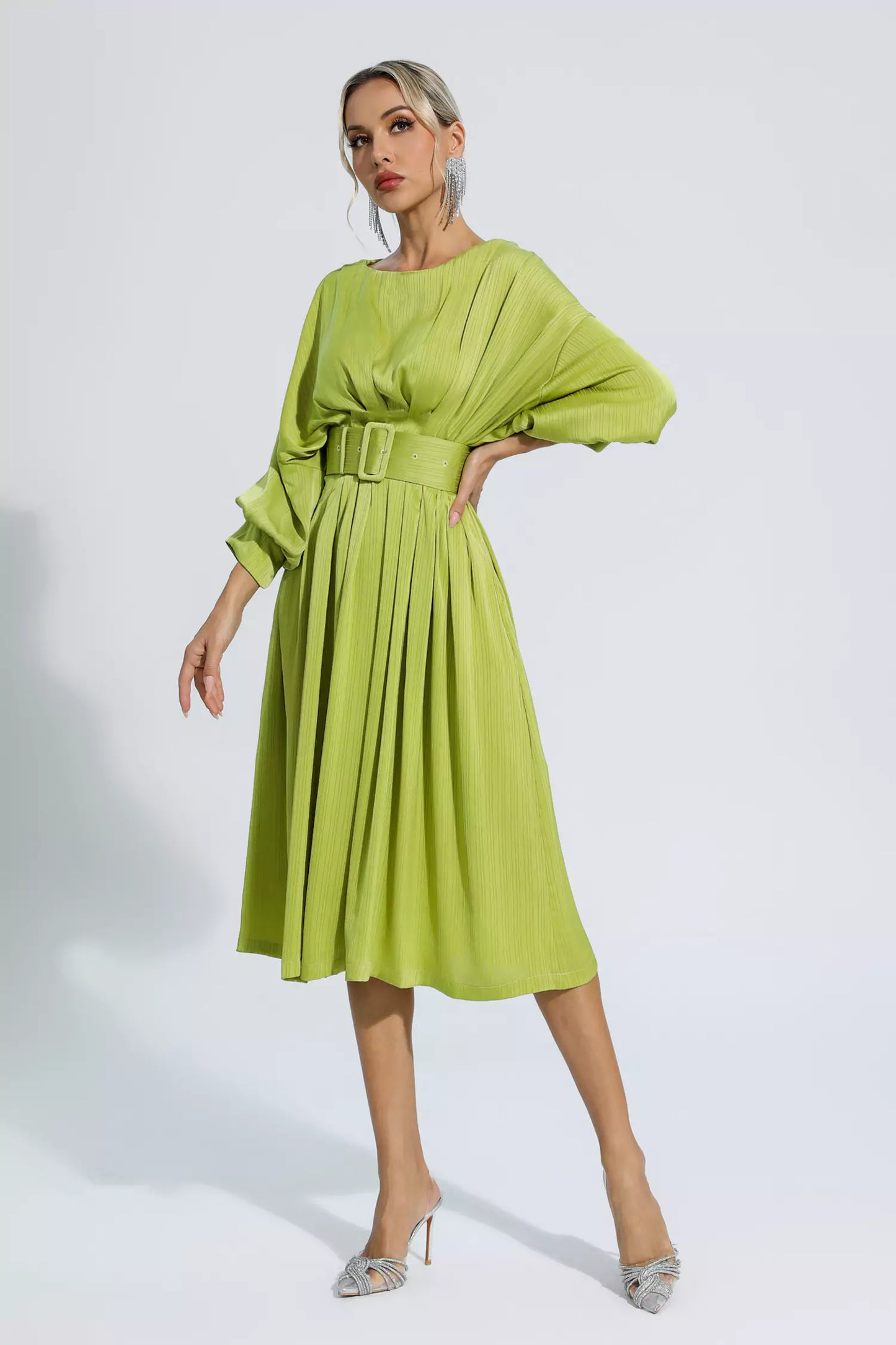 Flora Light Green Satin Midi Dress